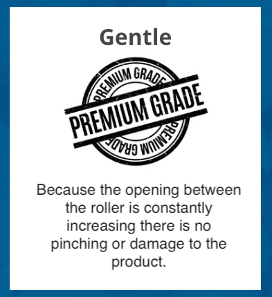 premium grade stamp image above a description of a patented roller drive system to sort produce